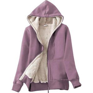Women's Purple Casual Full Zip Sherpa Lined Hoodie Sweatshirt Jacket Coat